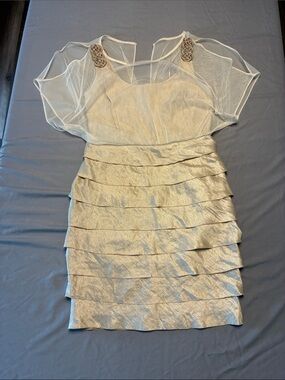 London Times Metallic Cream Tiered Mini Dress with Sheer Capelet